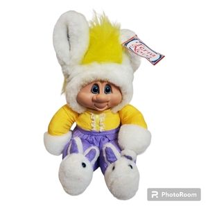 Vintage 1992 Easter BUNNY TROLL plush doll, 90s yellow hair troll with Bunny ear